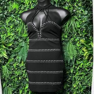 Privy Dress Large Black Studded Bodycon Halter Cage Neck‎ Exposed Zipper 3672
